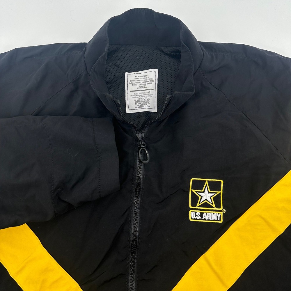 US Army APFU Jacket Unisex Medium Short Black Yellow Logo Nylon Fitness Uniform